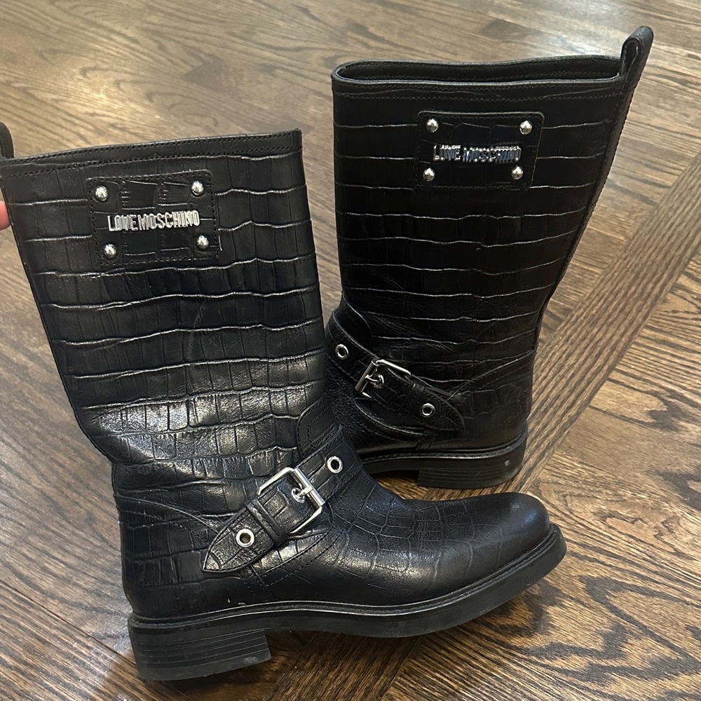 Love Moschino Black Croc-Patterned Boots